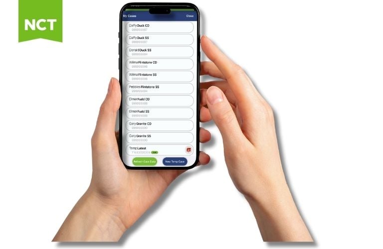 Hands Holding iPhone with NCT CaseWors Connect on it and Green NCT Logo